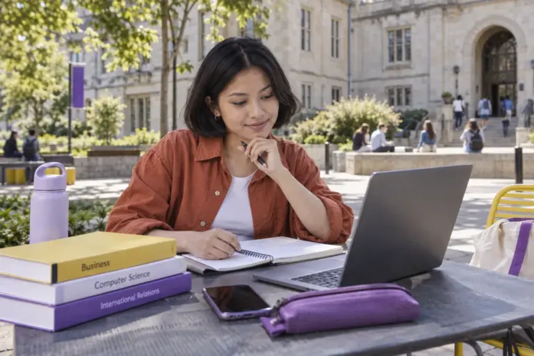 Young Nepali woman with a short bob comparing UK university courses and intake options using a laptop and notebook for UK study planning.