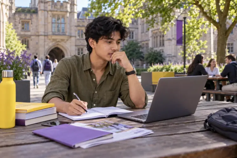 Young Nepali man with wavy hair comparing UK university courses and intake options using a laptop and notebook for UK study planning.
