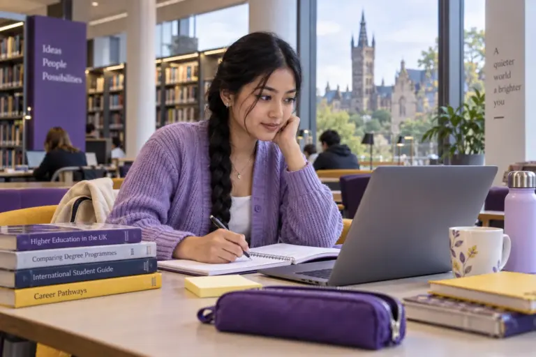 Young Nepali woman with a long braid comparing UK university courses and intake options using a laptop and notebook for UK study planning.