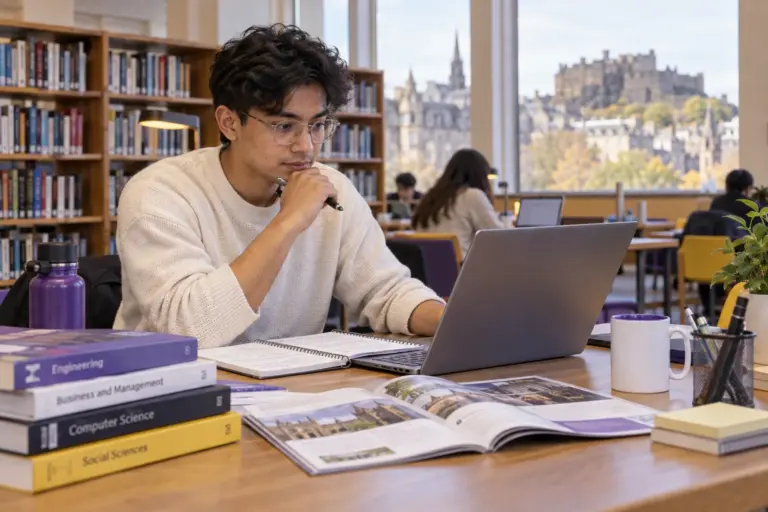 Young Nepali man with glasses comparing UK university courses and intake options using a laptop and notebook for UK study planning.