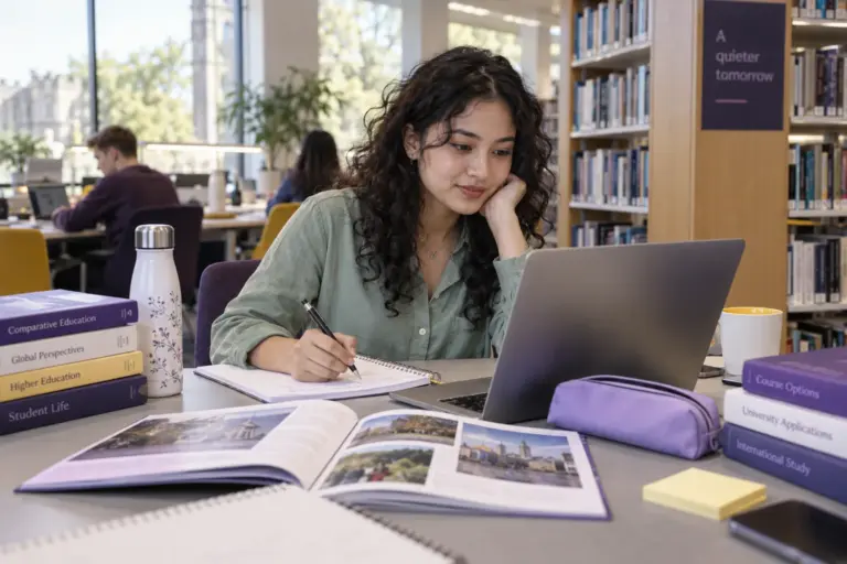 Young Nepali woman with curly hair comparing UK university courses and intake options using a laptop and notebook for UK study planning.