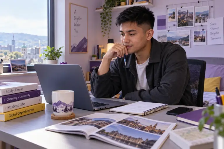 Young Nepali man with cropped hair comparing UK university courses and intake options using a laptop and notebook for UK study planning.