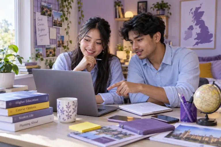 Two Nepali students, one woman and one man comparing UK university courses and intake options using a laptop and notebook for UK study planning.