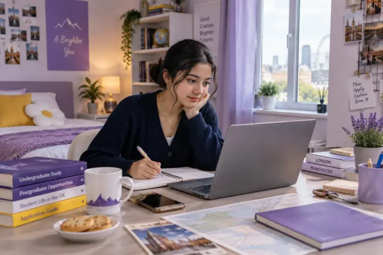 Young Nepali woman with tied-back hair comparing UK university courses and intake options using a laptop and notebook for UK study planning.