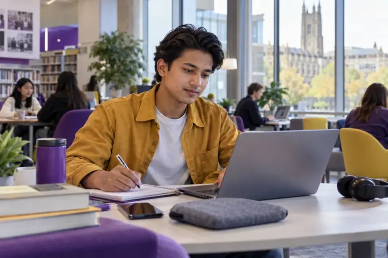 Young Nepali man with swept-back hair planning student accommodation and everyday campus life with a notebook and laptop in a welcoming UK study setting for UK study planning.