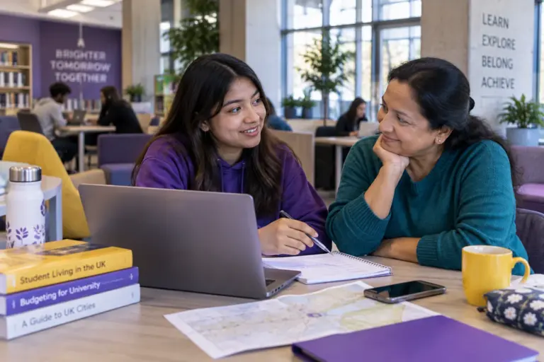 Nepali student discussing plans with a parent planning student accommodation and everyday campus life with a notebook and laptop in a welcoming UK study setting for UK study planning.