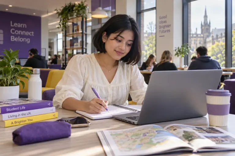 Young Nepali woman with a short bob planning student accommodation and everyday campus life with a notebook and laptop in a welcoming UK study setting for UK study planning.