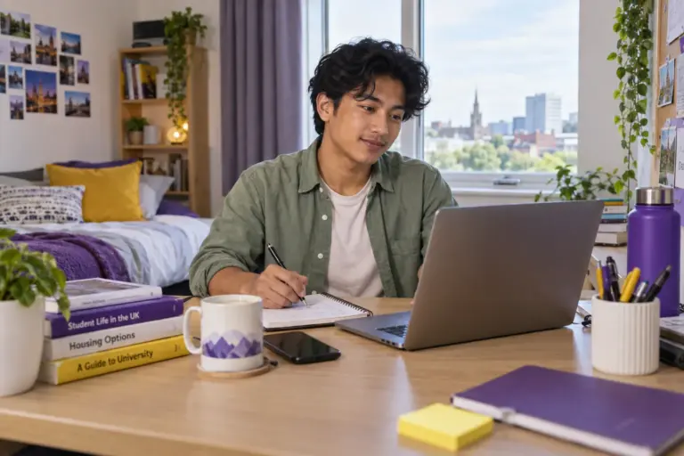 Young Nepali man with wavy hair planning student accommodation and everyday campus life with a notebook and laptop in a welcoming UK study setting for UK study planning.