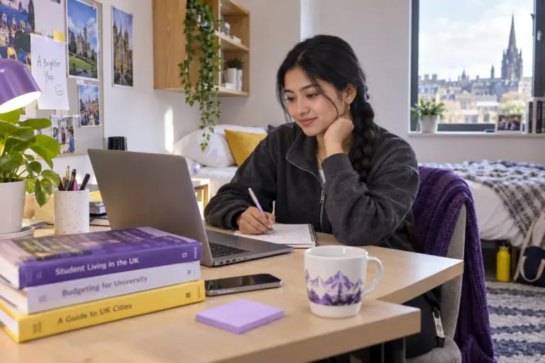 Young Nepali woman with a long braid planning student accommodation and everyday campus life with a notebook and laptop in a welcoming UK study setting for UK study planning.