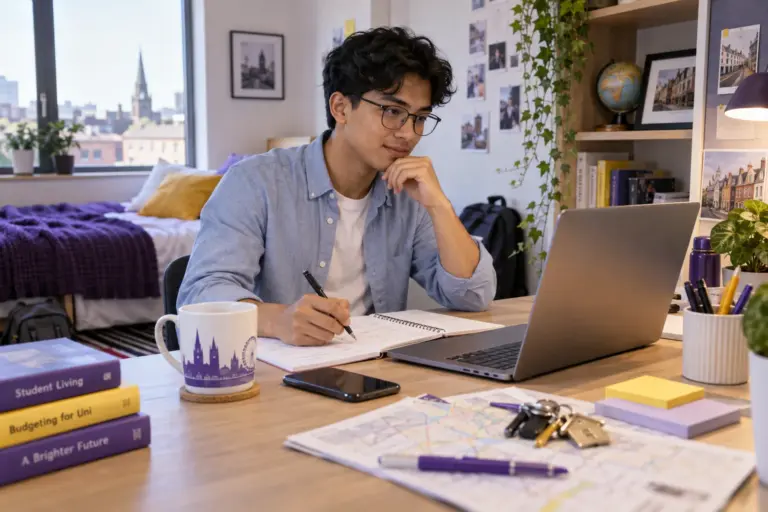 Young Nepali man with glasses planning student accommodation and everyday campus life with a notebook and laptop in a welcoming UK study setting for UK study planning.