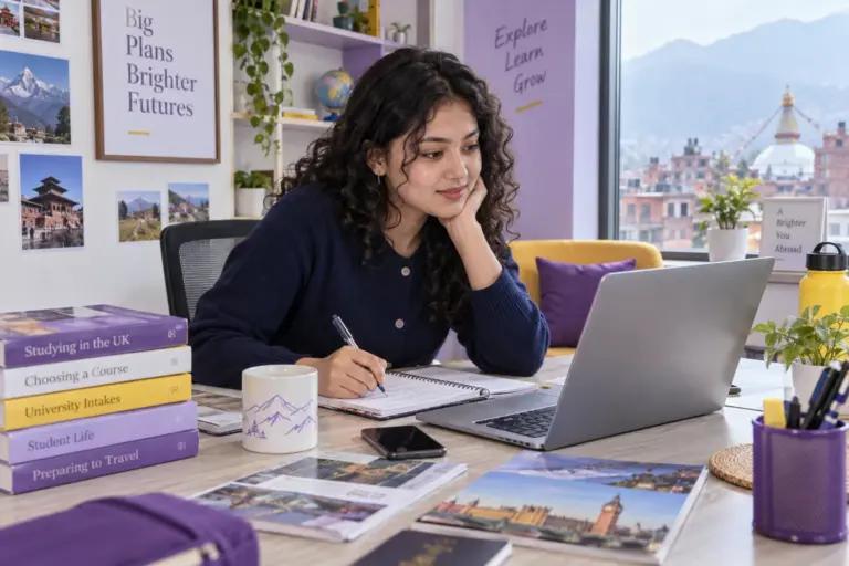 Young Nepali woman with curly hair comparing UK university courses and intake options using a laptop and notebook for UK study planning.