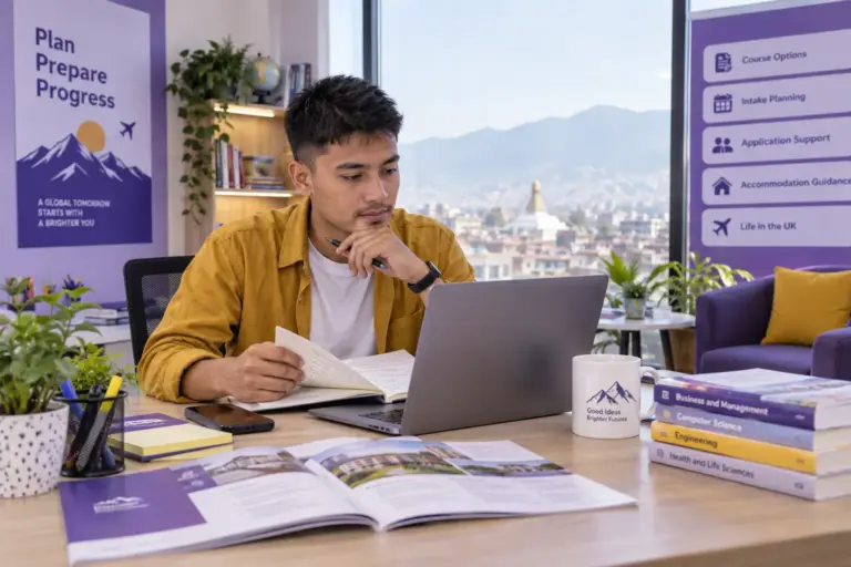 Young Nepali man with cropped hair comparing UK university courses and intake options using a laptop and notebook for UK study planning.