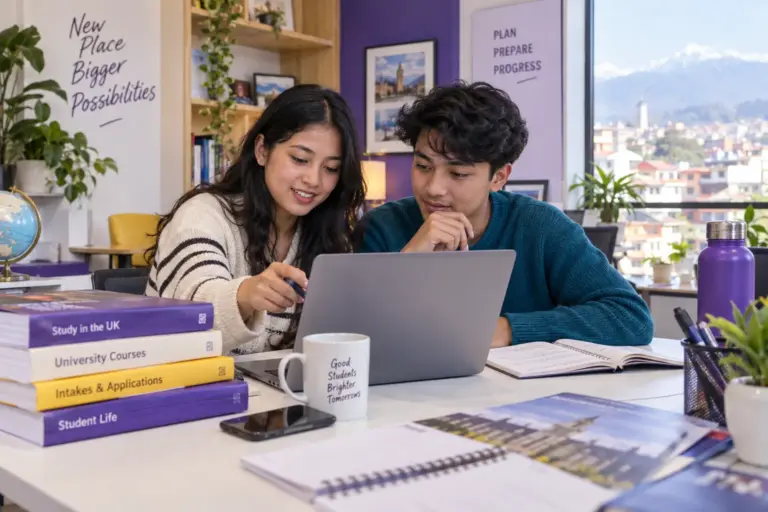 Two Nepali students, one woman and one man comparing UK university courses and intake options using a laptop and notebook for UK study planning.