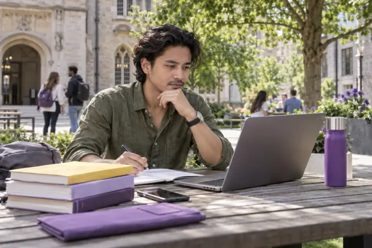 Young Nepali man with swept-back hair comparing UK university courses and intake options using a laptop and notebook for UK study planning.