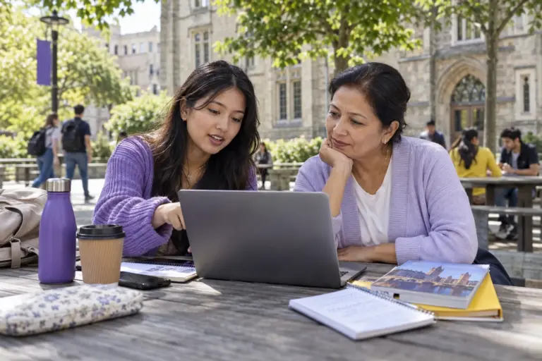 Nepali student discussing plans with a parent comparing UK university courses and intake options using a laptop and notebook for UK study planning.