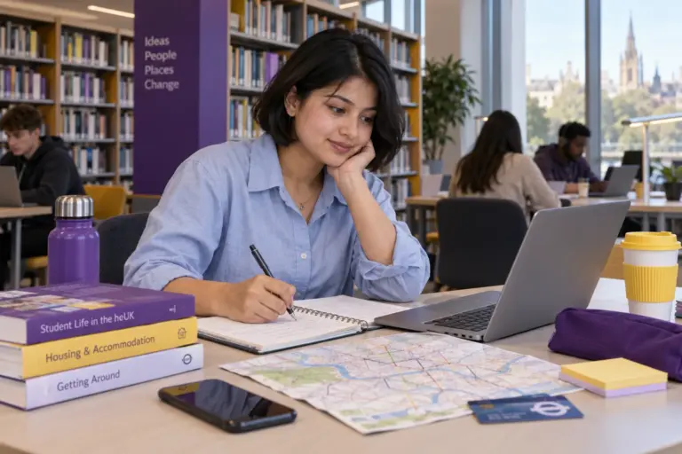 Young Nepali woman with a short bob planning student accommodation and everyday campus life with a notebook and laptop in a welcoming UK study setting for UK study planning.