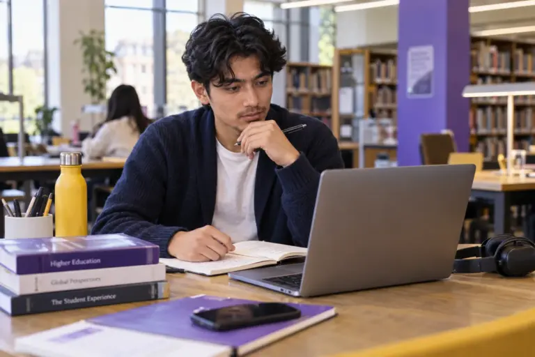 Young Nepali man with wavy hair comparing UK university courses and intake options using a laptop and notebook for UK study planning.