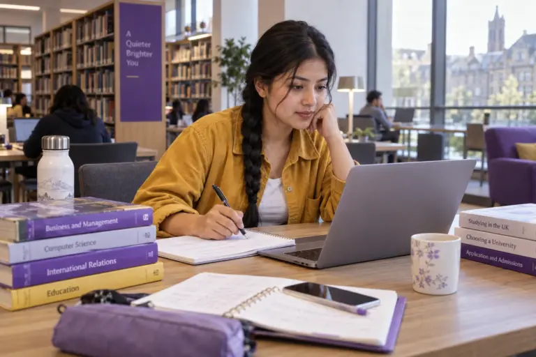 Young Nepali woman with a long braid comparing UK university courses and intake options using a laptop and notebook for UK study planning.
