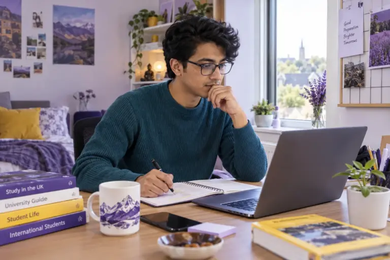 Young Nepali man with glasses comparing UK university courses and intake options using a laptop and notebook for UK study planning.