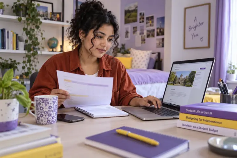 Young Nepali woman with curly hair comparing a personal study budget worksheet and university tuition information on a laptop for UK study planning.