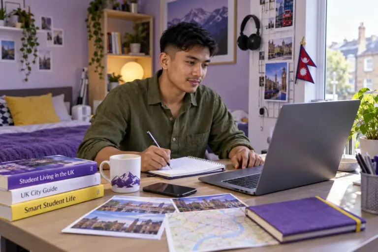 Young Nepali man with cropped hair planning student accommodation and everyday campus life with a notebook and laptop in a welcoming UK study setting for UK study planning.