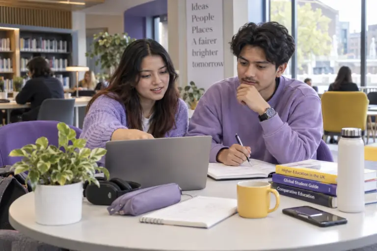 Two Nepali students, one woman and one man comparing UK university courses and intake options using a laptop and notebook for UK study planning.