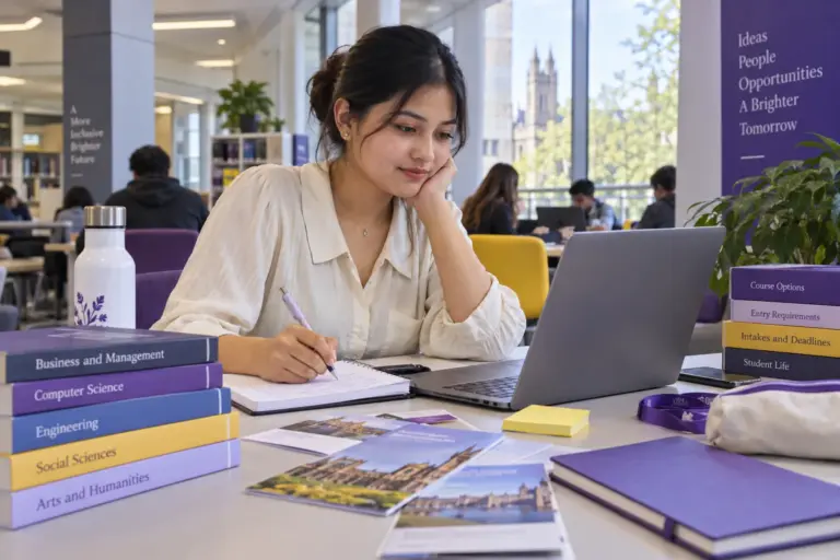 Young Nepali woman with tied-back hair comparing UK university courses and intake options using a laptop and notebook for UK study planning.