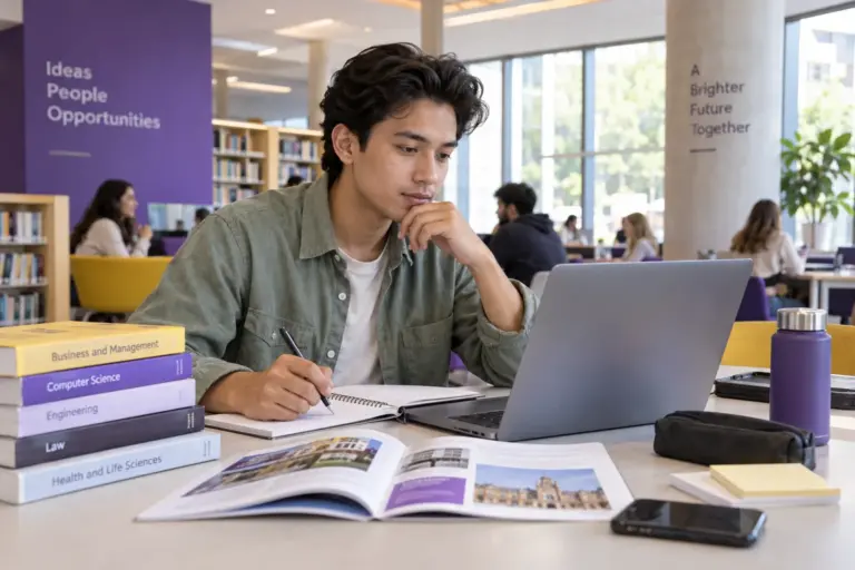 Young Nepali man with swept-back hair comparing UK university courses and intake options using a laptop and notebook for UK study planning.