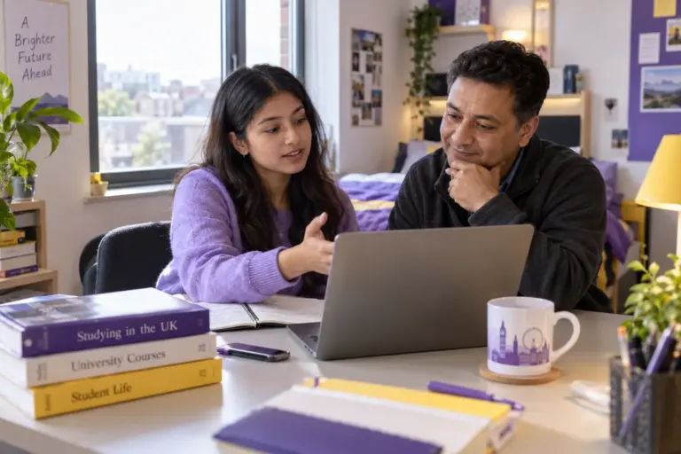 Nepali student discussing plans with a parent comparing UK university courses and intake options using a laptop and notebook for UK study planning.