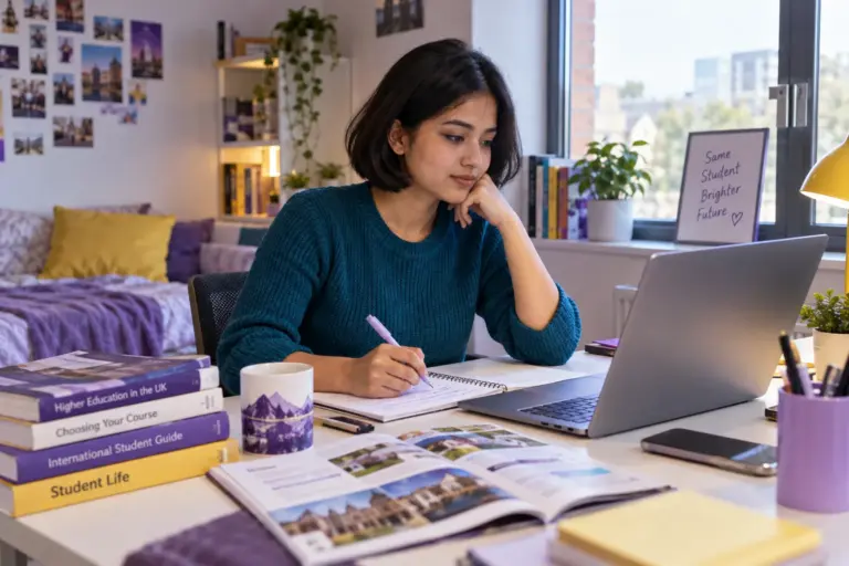 Young Nepali woman with a short bob comparing UK university courses and intake options using a laptop and notebook for UK study planning.