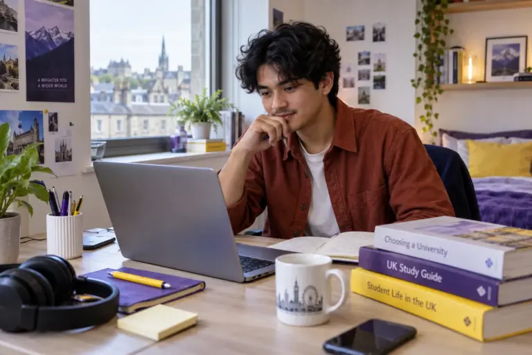 Young Nepali man with wavy hair comparing UK university courses and intake options using a laptop and notebook for UK study planning.