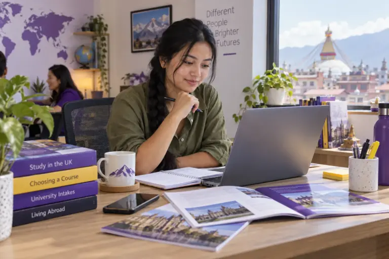 Young Nepali woman with a long braid comparing UK university courses and intake options using a laptop and notebook for UK study planning.