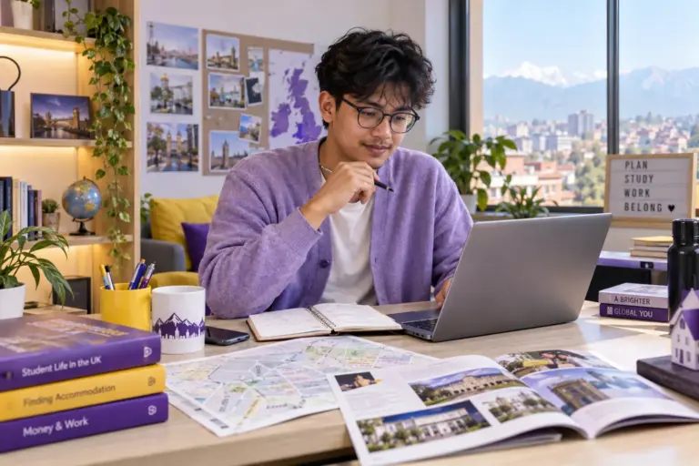 Young Nepali man with glasses planning student accommodation and everyday campus life with a notebook and laptop in a welcoming UK study setting for UK study planning.