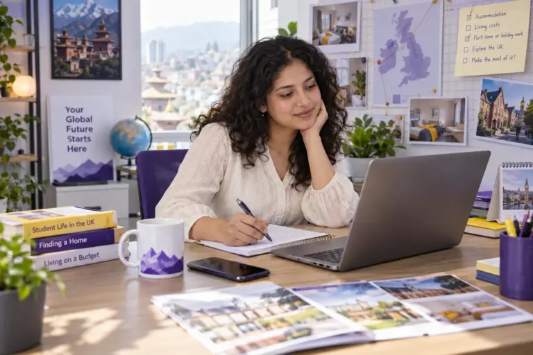 Young Nepali woman with curly hair planning student accommodation and everyday campus life with a notebook and laptop in a welcoming UK study setting for UK study planning.