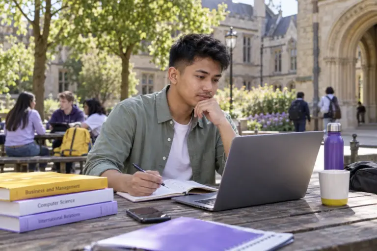 Young Nepali man with cropped hair comparing UK university courses and intake options using a laptop and notebook for UK study planning.