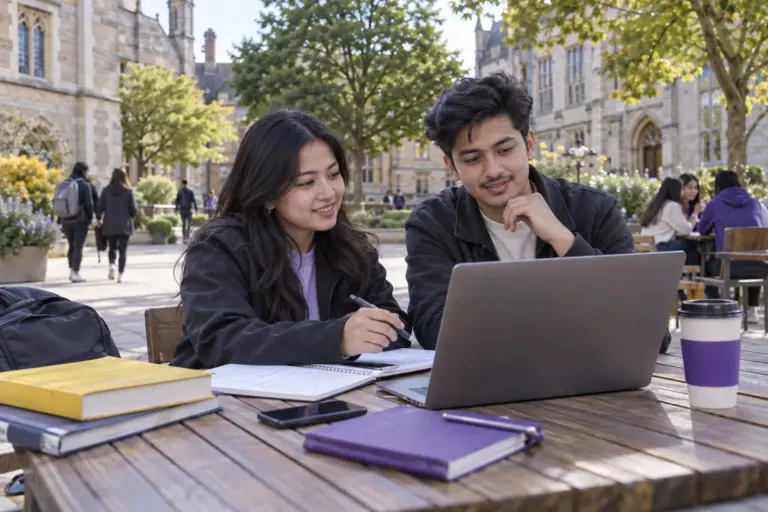 Two Nepali students, one woman and one man comparing UK university courses and intake options using a laptop and notebook for UK study planning.