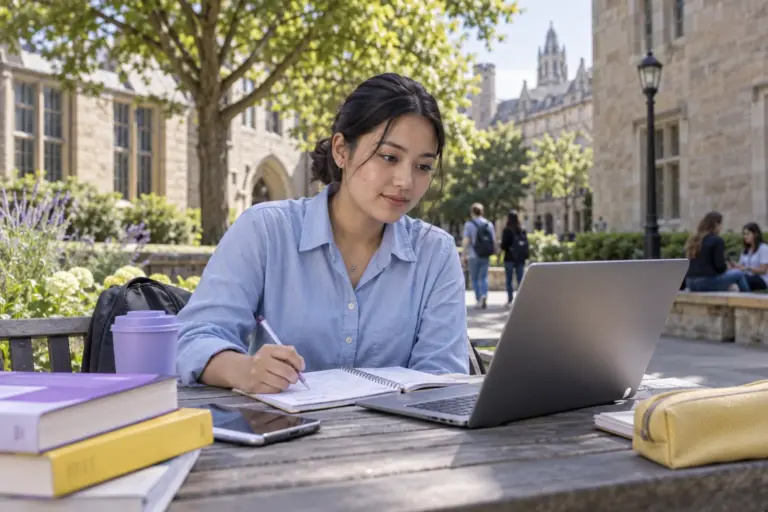 Young Nepali woman with tied-back hair comparing UK university courses and intake options using a laptop and notebook for UK study planning.