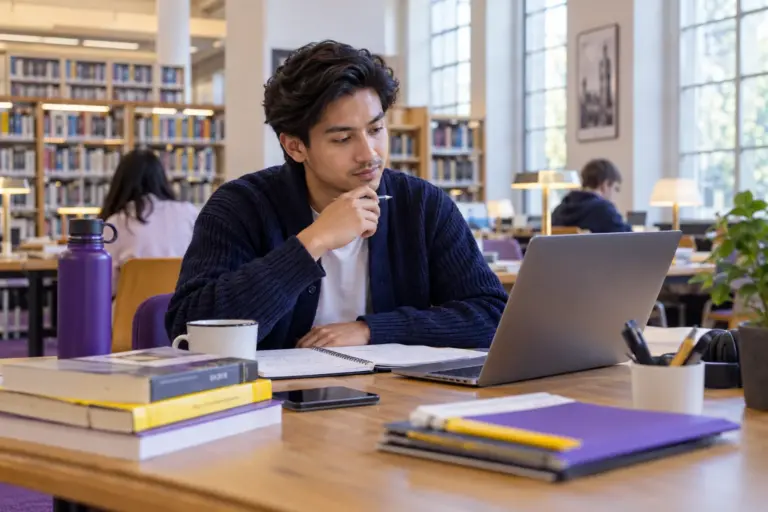 Young Nepali man with swept-back hair comparing UK university courses and intake options using a laptop and notebook for UK study planning.