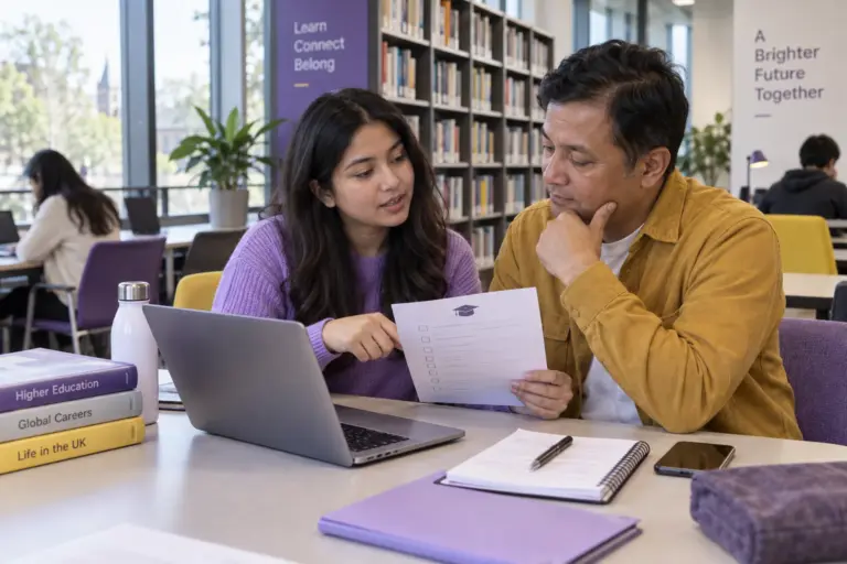 Nepali student discussing plans with a parent reviewing an unbranded study application document checklist with a laptop for UK study planning.