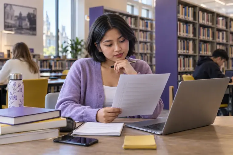 Young Nepali woman with a short bob reviewing an unbranded study application document checklist with a laptop for UK study planning.