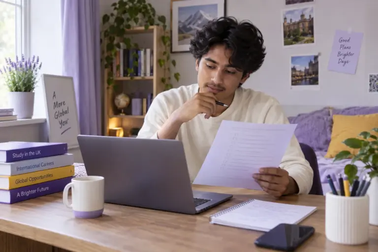 Young Nepali man with wavy hair reviewing an unbranded study application document checklist with a laptop for UK study planning.