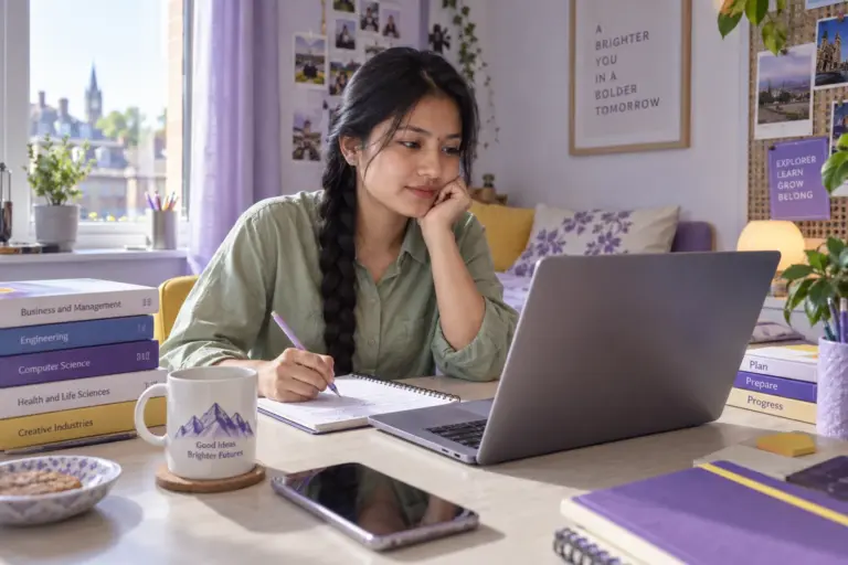 Young Nepali woman with a long braid comparing UK university courses and intake options using a laptop and notebook for UK study planning.