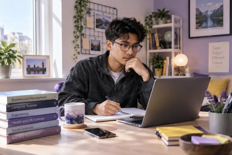 Young Nepali man with glasses comparing UK university courses and intake options using a laptop and notebook for UK study planning.
