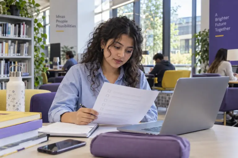Young Nepali woman with curly hair reviewing an unbranded study application document checklist with a laptop for UK study planning.