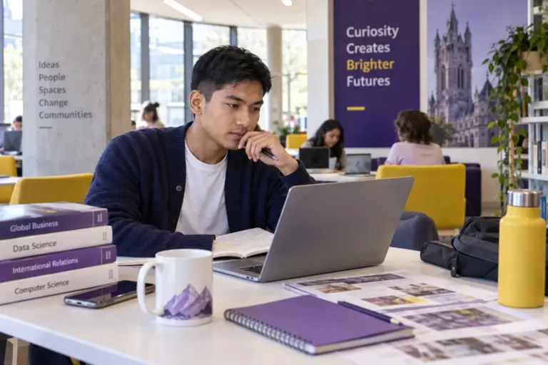 Young Nepali man with cropped hair comparing UK university courses and intake options using a laptop and notebook for UK study planning.