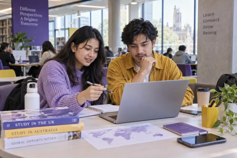 Two Nepali students, one woman and one man comparing UK university courses and intake options using a laptop and notebook for UK study planning.