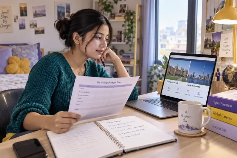 Young Nepali woman with tied-back hair comparing a personal study budget worksheet and university tuition information on a laptop for UK study planning.
