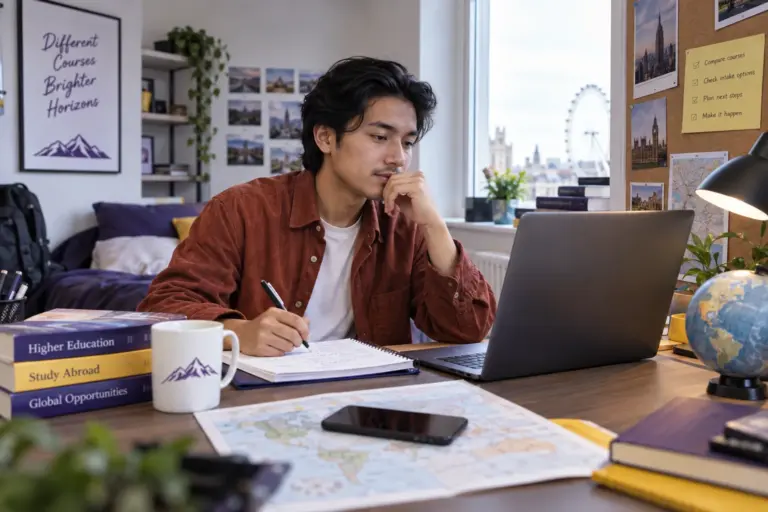 Young Nepali man with swept-back hair comparing UK university courses and intake options using a laptop and notebook for UK study planning.