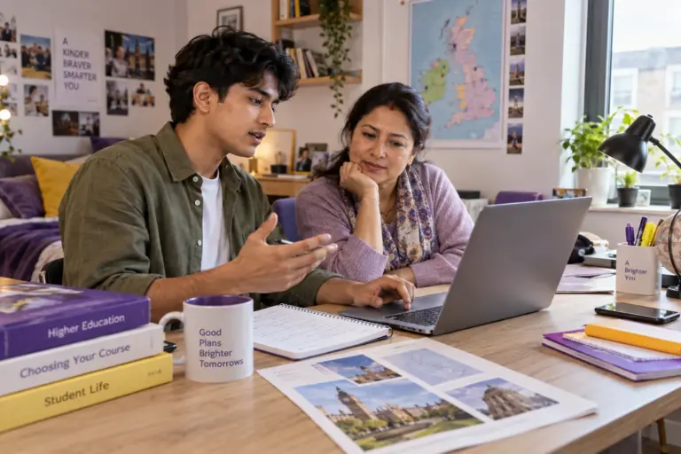 Nepali student discussing plans with a parent comparing UK university courses and intake options using a laptop and notebook for UK study planning.