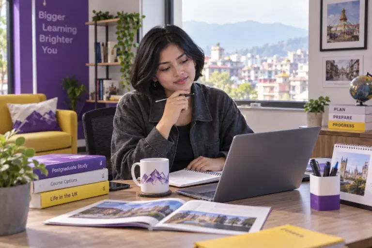 Young Nepali woman with a short bob comparing UK university courses and intake options using a laptop and notebook for UK study planning.